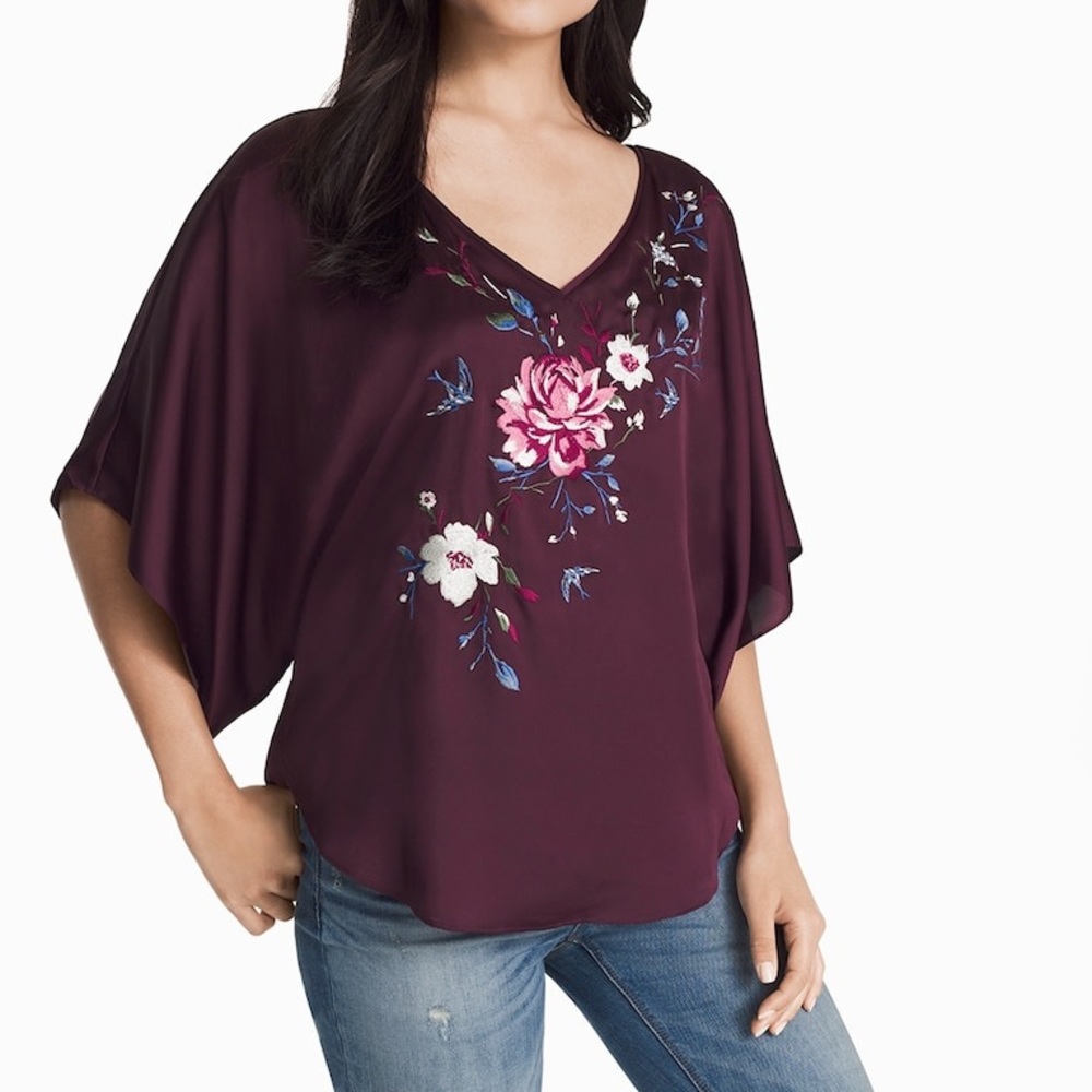 Burgundy floral embroidered kimono blouse top